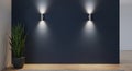 Modern Interior With Dark Blue Wall and Two Uplight Wall Sconces image photo Royalty Free Stock Photo
