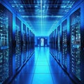 Modern interior data center server room. Connection and cyber network on dark servers. Backup, mining, hosting