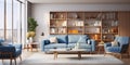 Modern interior design of apartment. Cozy living room with blue sofa, coffee tables, bookshelf and armchairs Royalty Free Stock Photo