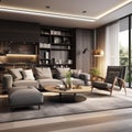 Modern interior design of apartment. Cozy living room with gray sofa, coffee tables and armchairs. Home. 3d rendering Royalty Free Stock Photo