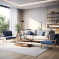 Modern interior design of apartment. Cozy living room with gray sofa, coffee tables and armchairs. Home. 3d rendering Royalty Free Stock Photo