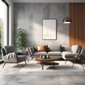 Modern interior design of apartment. Cozy living room with gray sofa, coffee tables and armchairs. Home. 3d rendering Royalty Free Stock Photo