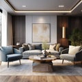 Modern interior design of apartment. Cozy living room with gray sofa, coffee tables and armchairs. Home. 3d rendering Royalty Free Stock Photo