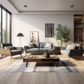 Modern interior design of apartment. Cozy living room with gray sofa, coffee tables and armchairs. Home. 3d rendering Royalty Free Stock Photo