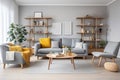 Modern interior design of apartment. Cozy living room with gray sofa, coffee tables, bookshelf and armchairs. Scandinavian home. Royalty Free Stock Photo