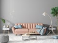 Interior of modern living room with sofa, coffee tables, floor lamp 3d rendering Royalty Free Stock Photo