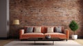 Modern interior design of apartment, living room with terracota sofa over the brick wall. Home interior. 3d rendering