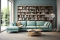 modern interior design, aqua sofa color, gray book shelf, lite brown floor, Generated AI