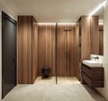 Modern interior design of bathroom shower, walnut wooden walls with rectangular mirror and vanity, minimalist and clean concept