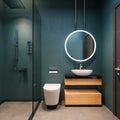 Modern interior design of bathroom vanity, Aegean blue walls with round mirrors, minimalist and clean concept