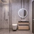 Modern interior design of bathroom vanity, all walls made of stone slabs with circle mirrors, minimalist and clean