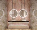 Modern interior design of bathroom vanity, all walls made of stone slabs with circle mirrors