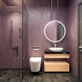 Modern interior design of bathroom vanity, mauve purple walls with round mirrors, minimalist and clean concept