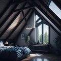 Modern Interior Design Of Bedroom In Attic, Triangle Ceiling With Wooden Beams, Window With Sun Light, Generative AI