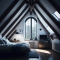 Modern Interior Design Of Bedroom In Attic, Triangle Ceiling With Wooden Beams, Window With Sun Light, Generative AI