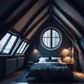 Modern Interior Design Of Bedroom In Attic, Triangle Ceiling With Wooden Beams, Window With Sun Light, Generative AI
