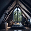 Modern Interior Design Of Bedroom In Attic, Triangle Ceiling With Wooden Beams, Window With Sun Light, Generative AI