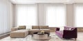 Modern interior design of a big living room with angled sofa and violet colored couch, yellow flowers and large windows