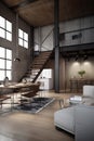 Modern interior design, a big loft space. Generative AI Royalty Free Stock Photo
