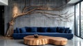 Modern Interior Design With Blue Sofa And Wood Decor Royalty Free Stock Photo