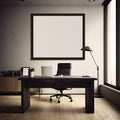 Modern interior design of commercial office space with stylish chair, desk, frame mock up poster, laptop, natural light.