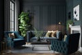 Modern interior design of cozy apartment, living room with blue sofa, gray armchairs. Room with black - Generative AI