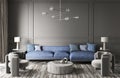 Modern interior design of cozy apartment, living room with blue sofa, gray armchairs. Room with black wall. 3d rendering