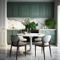 Modern Interior Design Decor Background featuring a Luxury Marble Dining Table, Sage Green Kitchen Counter with White Counter top Royalty Free Stock Photo