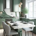 Modern Interior Design Decor Background featuring a Luxury Marble Dining Table, Sage Green Kitchen Counter with White Counter top Royalty Free Stock Photo