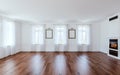 Modern interior design empty living room mock-up with big windows, wooden wall paneling and fireplace Royalty Free Stock Photo