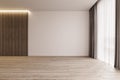 Modern interior design empty room mock-up with big window and illuminated wooden slats