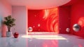 Modern interior design featuring a vibrant red wall with abstract swirls and floating metallic spheres. Generative AI Royalty Free Stock Photo