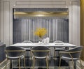 Modern interior design of grey gold dining room with side console and wooden slabs wall, dark and moody night scene