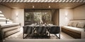 Modern interior design of home terrace with dining table setup and built in outdoor barbeque