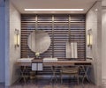 Modern interior design of hotel bathroom and vanity, double mirrors in front of large window with wooden blinds