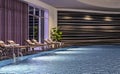 Modern interior design of indoor swimming pool with pool beds, night scene, hotel resort, spa, high contrast, dark, Royalty Free Stock Photo