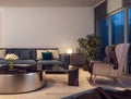 Modern interior design of Italian style living room, night scene