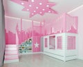 Modern interior design kids bedroom, pink, girl room, playroom, with double beds and stairs like castle with city decoration