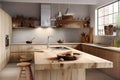 Modern interior design of kitchen with solid wood island and rustic stools near it. Created with generative AI