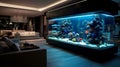 Modern interior design with large aquarium in luxury home or hotel Royalty Free Stock Photo