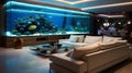 Modern interior design with large aquarium in luxury home or lobby Royalty Free Stock Photo