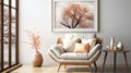 Modern interior design with light Armchair with pillow. Living room interior mockup in warm colors