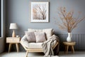 Modern interior design with light Armchair with pillow. Living room interior mockup in warm colors