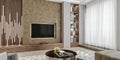 Modern interior design of living room, angled close up view of tv wall with book shelves, stucco plaster
