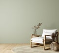 Modern interior design of living room with armchair and empty green mock up wall background Royalty Free Stock Photo