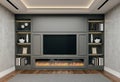 Modern interior design of living room in basement, close up view of tv wall with book shelves, stucco plaster,