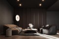 Modern interior design of living room with black ceiling and concrete walls