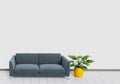 Modern interior design of living room with black sofa with white and wooden glossy floor and plant pot. Home and Living concept. Royalty Free Stock Photo