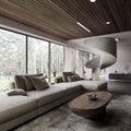 Modern interior design of living room with concrete staircase and beautiful nature view