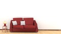 Modern interior design of living room with red sofa on wooden floor. White cushions and lamp on wooden table elements. Home and Royalty Free Stock Photo